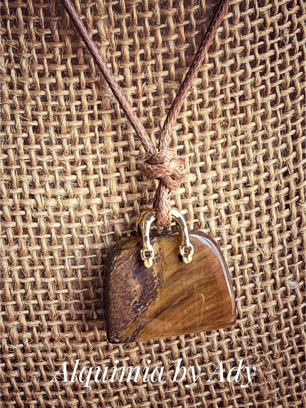 Carved handbag Pendant Necklace in Brown Tigerโs eye/ Brown suede